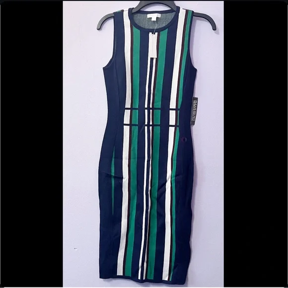 NY&Co Navy, Green, Burgundy & White Striped Midi Sheath Dress - Picture 2 of 5